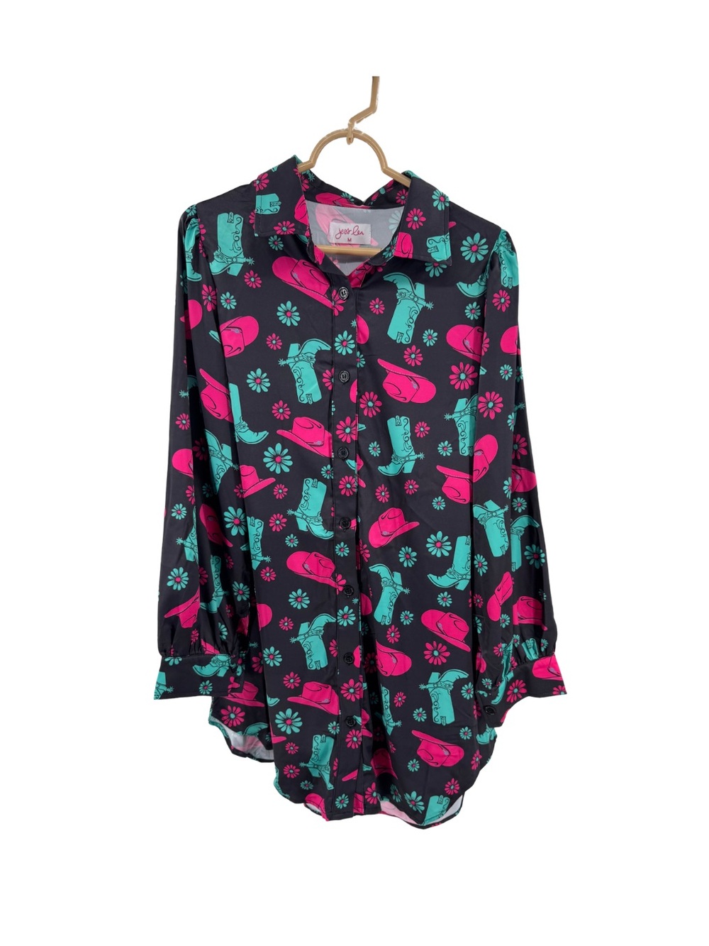 Jess Lea Black Mini shirt Dress with Pink & Teal Western Print M cowboy boots
